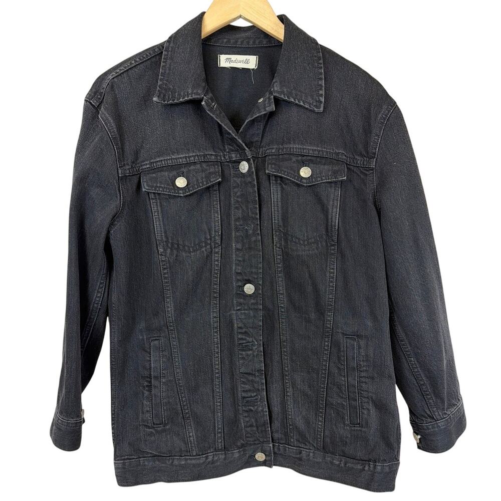 Madewell Black Cotton Denim Jean Jacket Flap Chest Pockets Adjustable Waist M